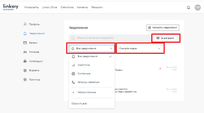 Вкладка «Все уведомления» в личном кабинете пользователя