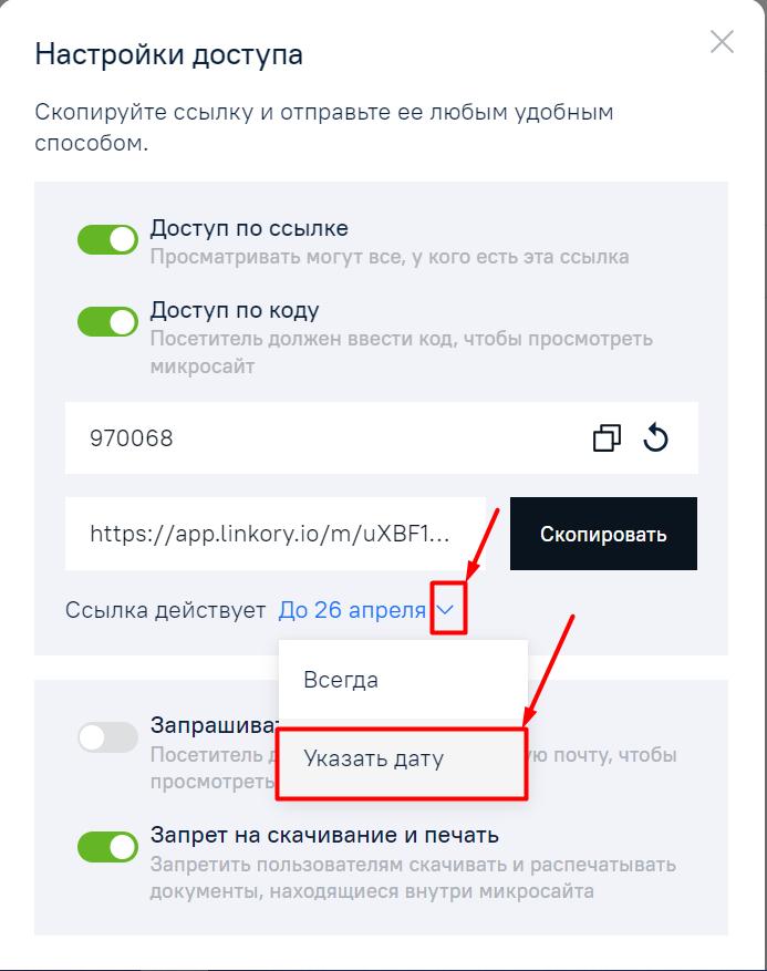 Выбор срока действия ссылки на Микросайт
