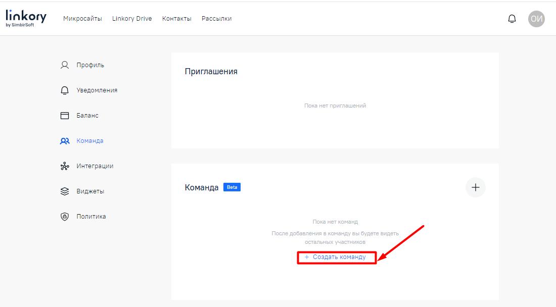 Создание команды в личном кабинете пользователя