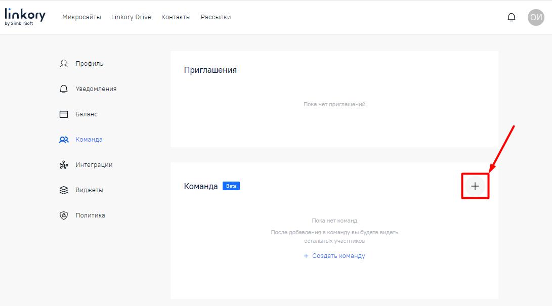 Создание команды в личном кабинете пользователя